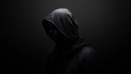 Hooded figure in dark studio lighting with shadowed face.