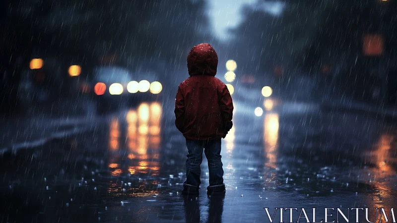 Backlit child in red raincoat on wet city street at dusk