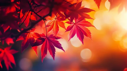 Crimson maple lanterns float against a molten autumn sky.