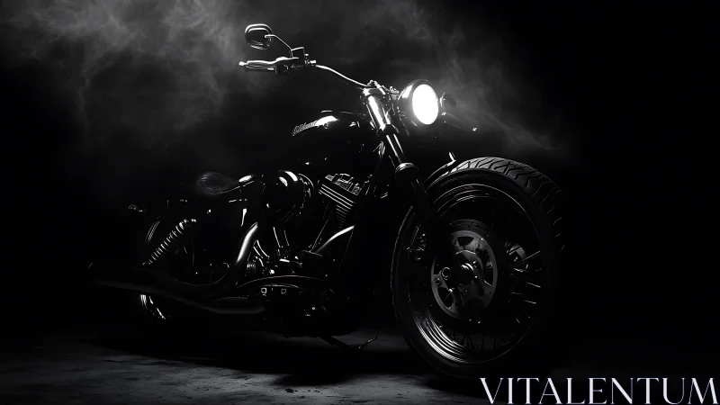 Low key studio portrait isolates custom cruiser motorcycle silhouette