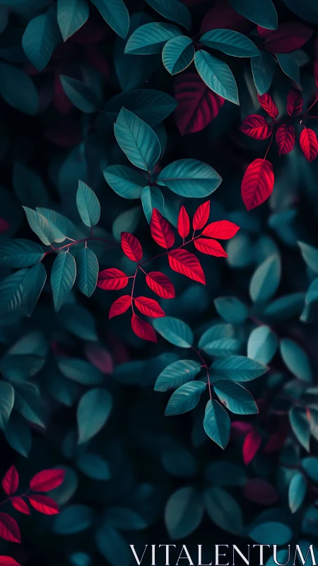 Crimson leaves amid teal foliage in moody depth of field.