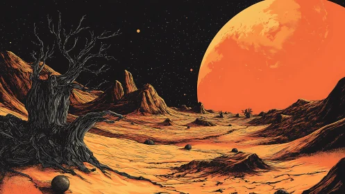 Desolate alien desert under colossal orange eclipse.
