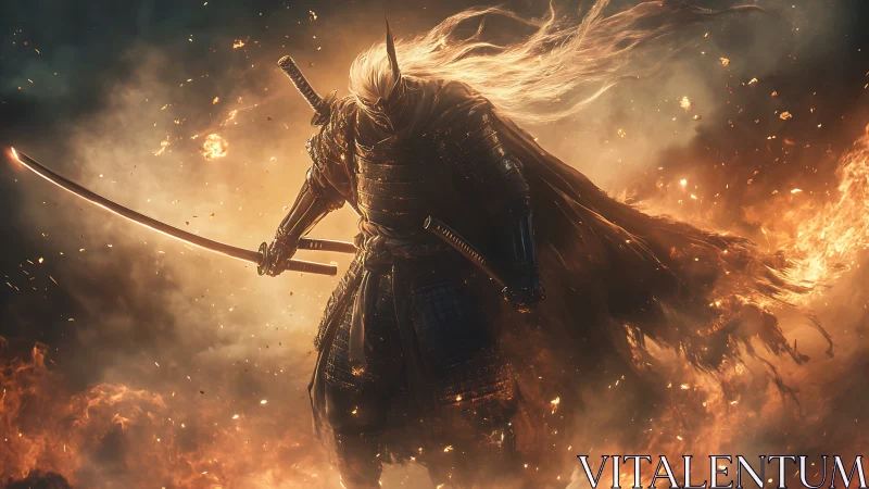 Blazing ronin warlord strides through a storm of molten embers.