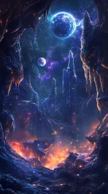 Cavern overlook of volcanic terrain beneath distant planets.