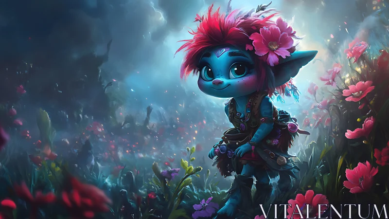 Small blue creature stands in dense luminous flower meadow