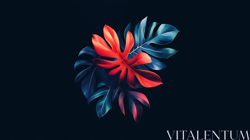 Luminous tropical leaves glowing softly in midnight blue.