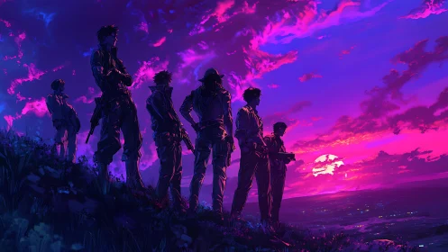 Sunset warriors stand united beneath neon painted skies