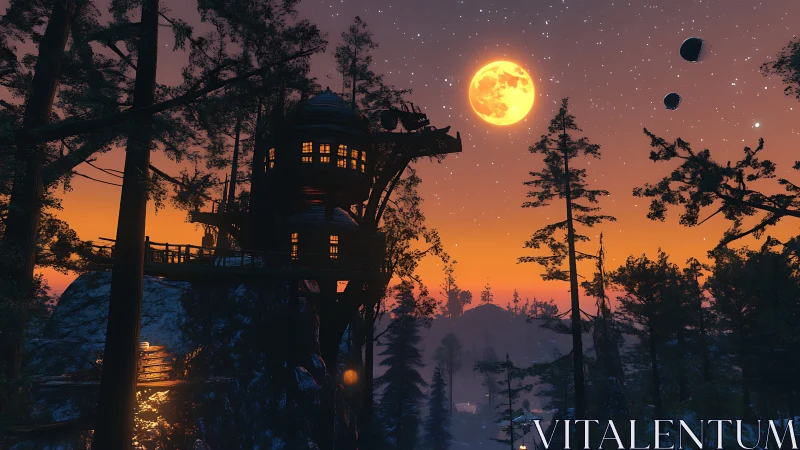 Cozy treetop hideaway glowing beneath a dreamy full moon.