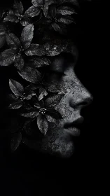 Leaf-shrouded monochrome profile merges with deep shadow