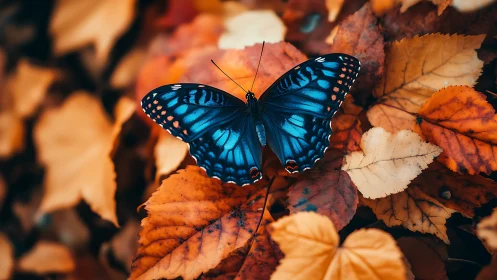 Electric blue butterfly resting on ember-bright autumn leaves.