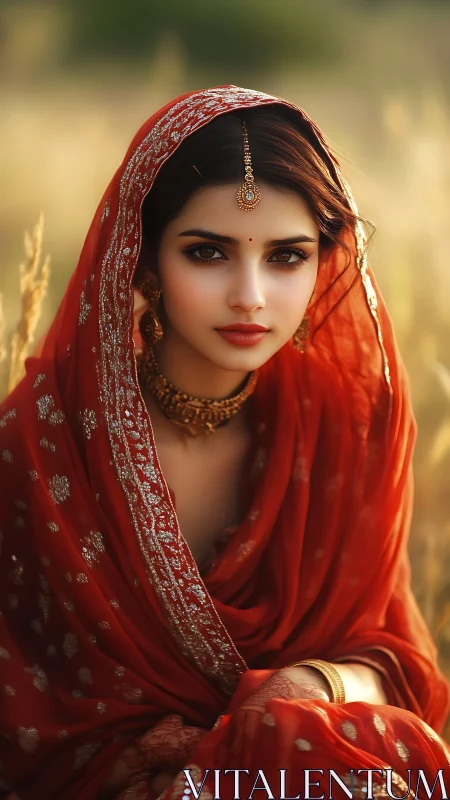 Golden hour portrait in shimmering red bridal drape.