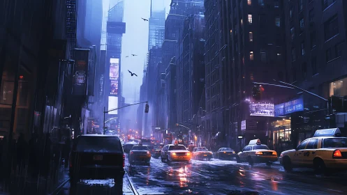 Urban street with taxis in dense high-rise district at dusk.