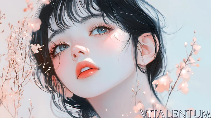 Soft spring gaze among pastel blossoms and quiet light.