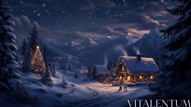 Snowy mountain village with lit cabins at winter night.