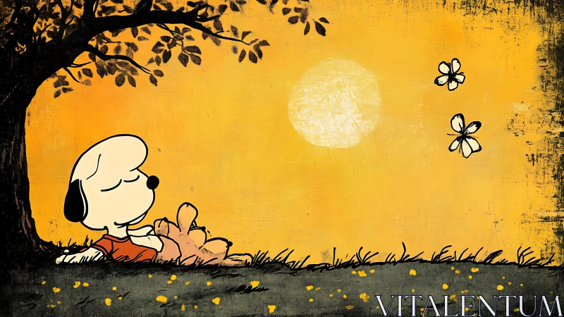 Sleepy cartoon pup under honey-sun with drifting butterflies.