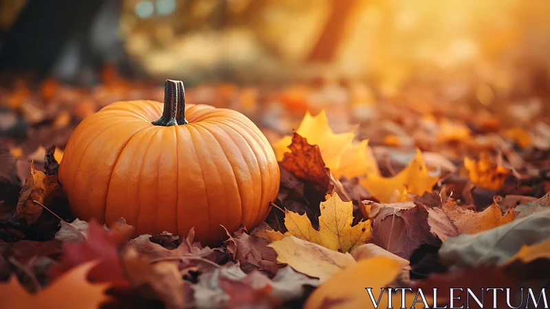 Sunlit pumpkin rests among vivid fallen autumn leaves.
