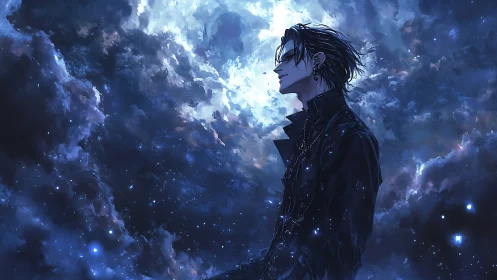 Midnight wanderer gazes into a glowing, stormy cosmic sky