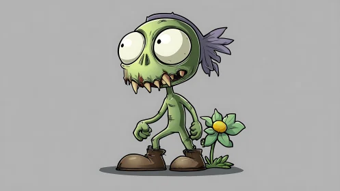 Cartoon zombie kid with flower and oversized boots stands