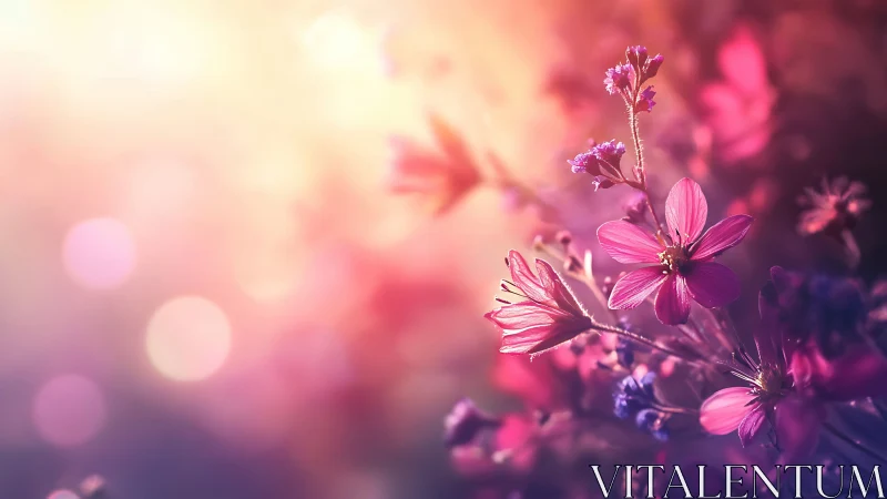 Blushed petals dancing through rose-tinted reverie and bokeh light.