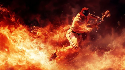 Baseball batter rendered in fire-integrated digital composition