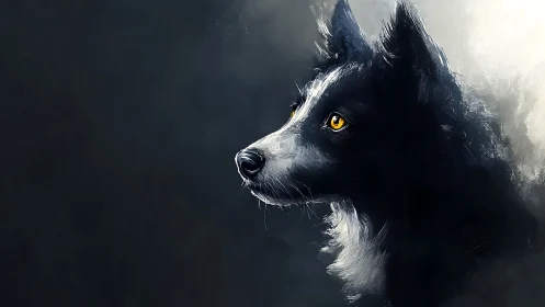 Luminous-eyed black dog gazes through painterly twilight.