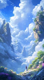 Solitary figure on mountain path under expansive cloudscape.