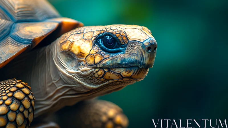 Radiant tortoise portrait glows against soft teal bokeh