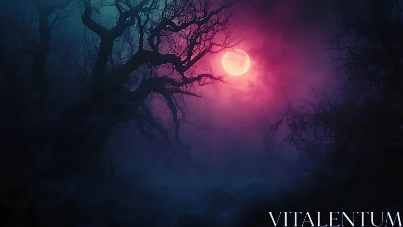 Crimson moon weaves eerie light through tangled forest bones