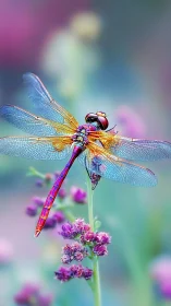 Dragonfly rests on flower stem in stylized close-up render