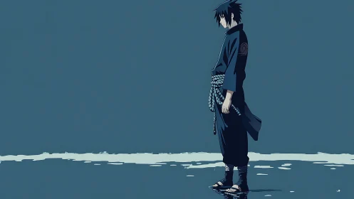 Solitary anime shinobi rendered against minimal shoreline plane.
