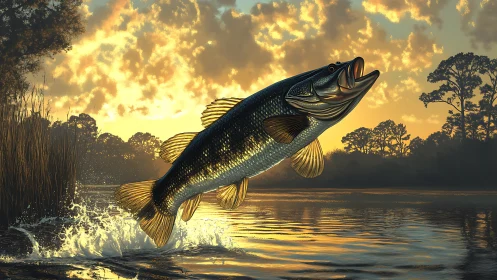 Dynamic largemouth bass leap in golden-hour lake tableau.