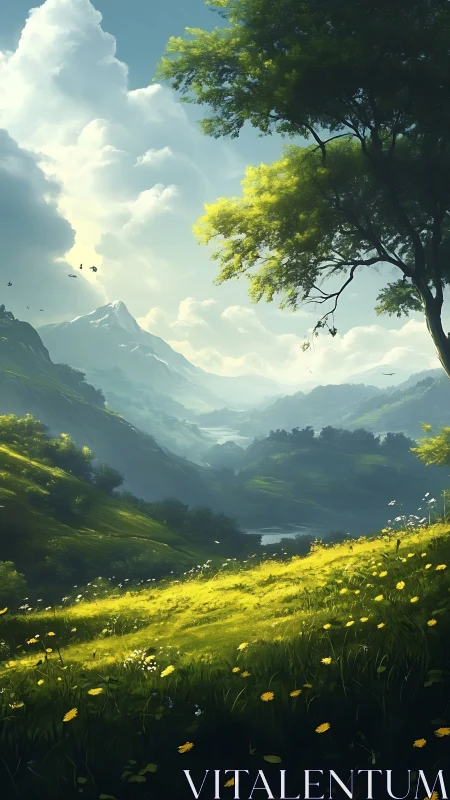 Sunlit wildflower valley with distant snow mountain peak.