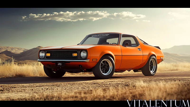 Vintage orange muscle car parked on desert backroad.