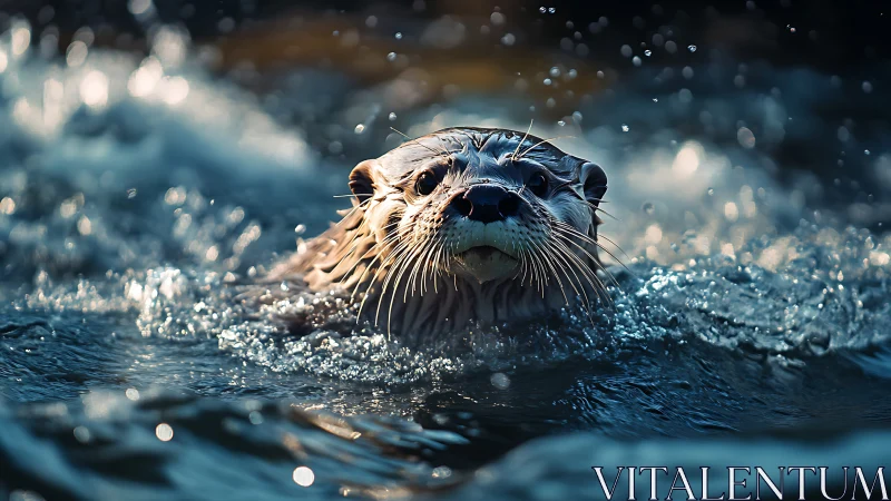 Otter surfacing in dynamic low-angle aquatic close-up study