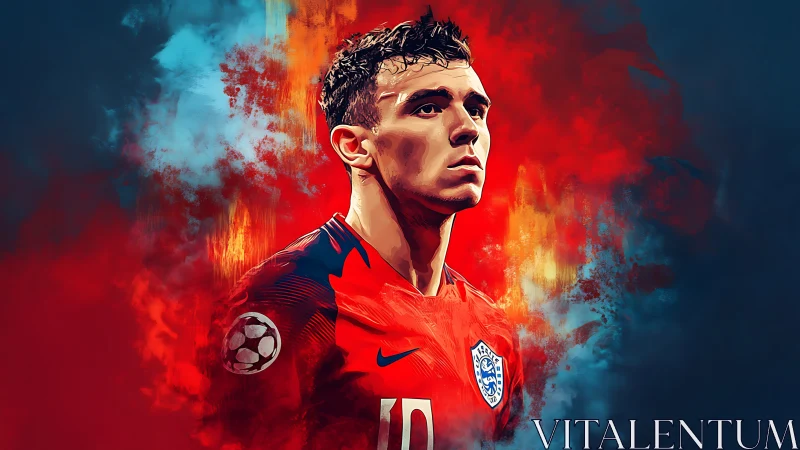 Footballer portrait in red kit amid blazing color field.