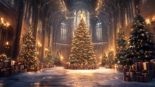 Grand cathedral Christmas trees glow in softly falling snow