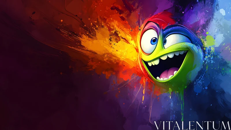 Exploding rainbow smiley bursts through vivid paint splash.