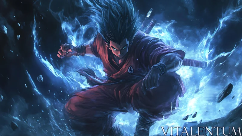 Energetic blue aura warrior crouched in high-impact charge