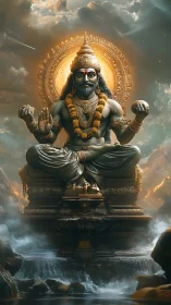 Divine multi-armed figure sits on ornate pedestal above water