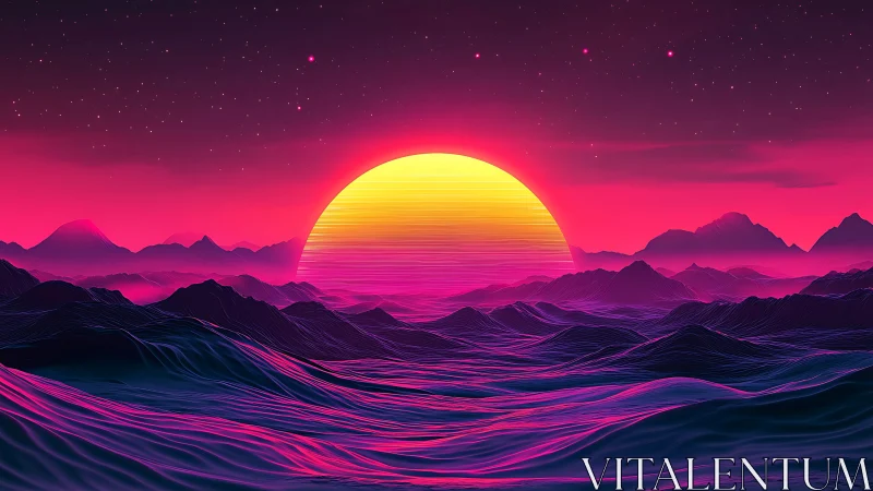 Neon sunset over stylized wireframe mountainscape horizon.