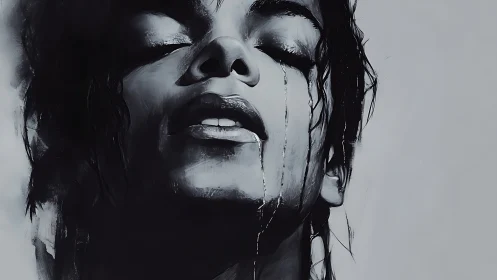 Monochrome portrait with dramatic tears and closed eyes.