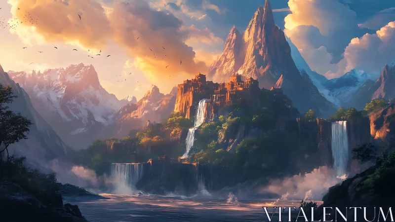 Sunlit mountain citadel crowned by cascading waterfalls.