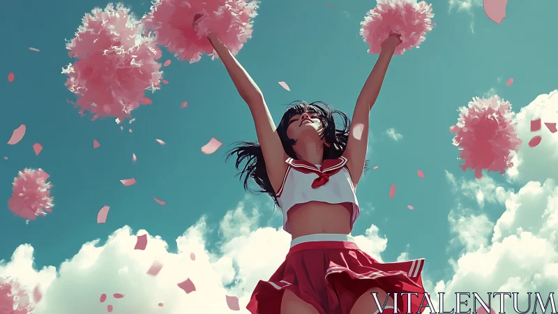Cheerleader in red uniform raises pom poms under blue sky.