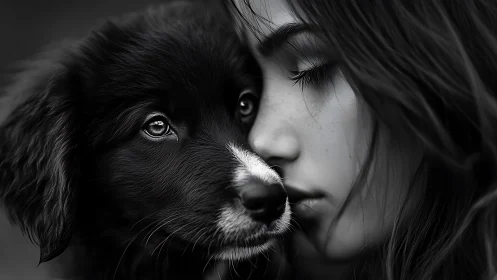 Monochrome close-up of young woman with puppy in profile.