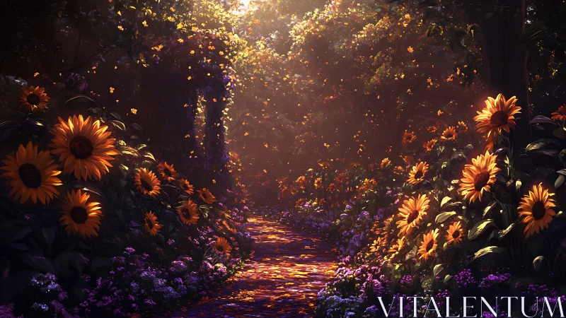 Radiant Path Through Sunflower Dreams and Purple Blooms