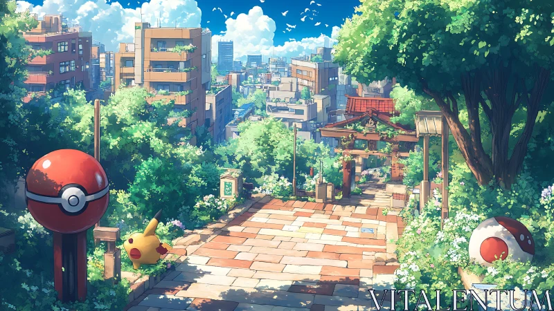 Sunlit city shrine with playful Pokémon-inspired details.