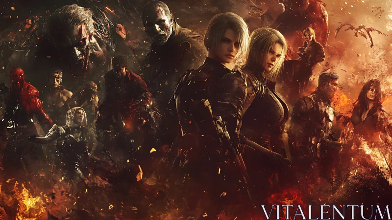 Battle-hardened soldiers amid flames and monstrous foes.