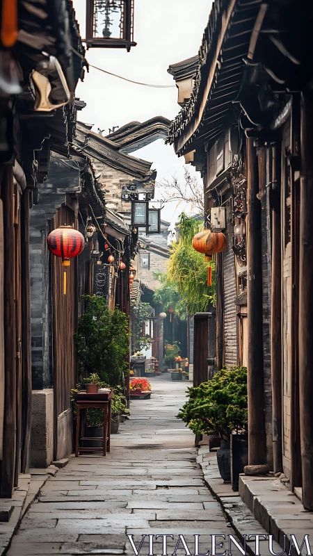 Narrow Chinese alleyway with lanterns and aged timber facades.