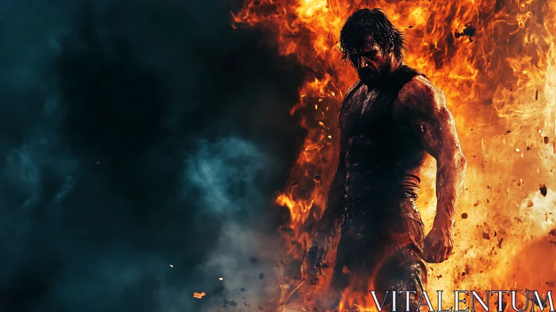 Solitary male figure standing amid dense surrounding flames.