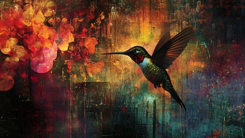 Vibrant hummingbird hovers in a glowing abstract bloom haze
